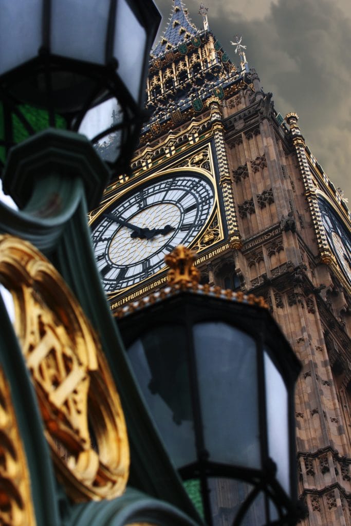 Moody clock tower close-up